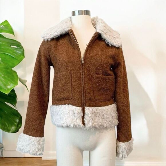 Forever 21 Cropped Brown Penny Lane Sherpa Shearling Fur Coat Princess S - Picture 1 of 7